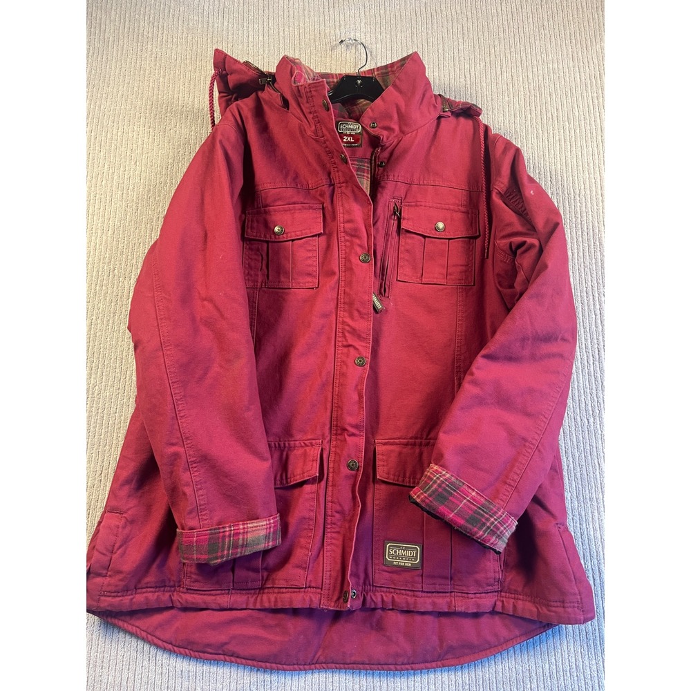 CE Schmidt Workwear Coat Jacket Womens 2XL Canvas Flannel Lined Burgundy Hooded